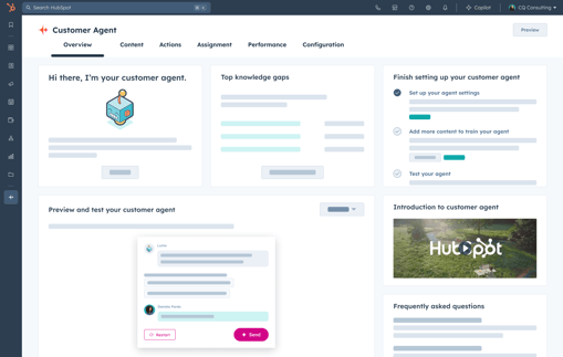 HubSpot UI showing the AI customer agent tool where users can set up a customer agent for their business.