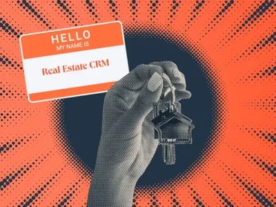 a hubspot featured image graphic with a female halftone hand holding a pair of keys to a property alongside a nametag that says ‘hello my name is real estate crm’