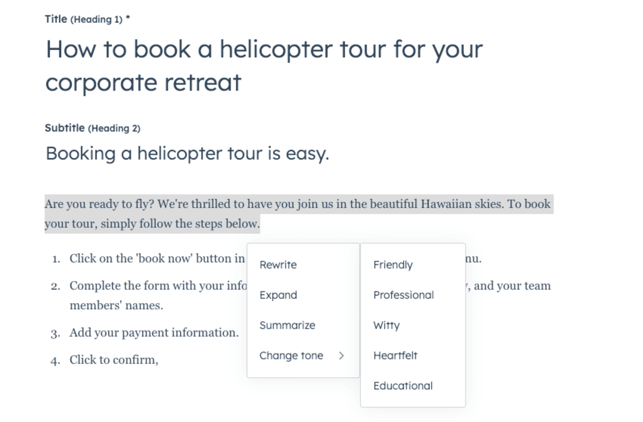 HubSpot paragraph rewriter paraphrasing landing page copy